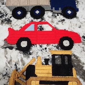 Handmade Plastic Canvas Red Toy Car with Black Wheels/Dump Truck/bulldozer